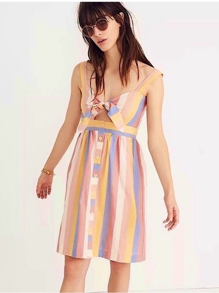 Madewell Tie Front Cutout Dress Sherbet Stripe Boho Summer Cotton Size 00
